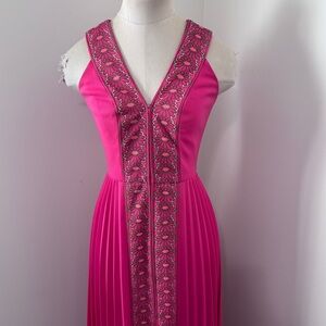 Vintage Alfred Shaheen 6 Pink Pleated Floral Maxi Dress ~ Hawaiian Retro 60s 70s